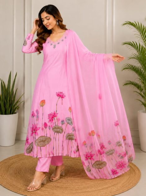Premium Chinon A-Line Kurta Pant Set with Handwork Neckline, Dupatta and Bracelet for Women