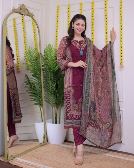 Premium Rajhans Soft Muslin Pakistani Suit Set with Digital Print, Hand Embroidery, Dupatta and Pearl Mala