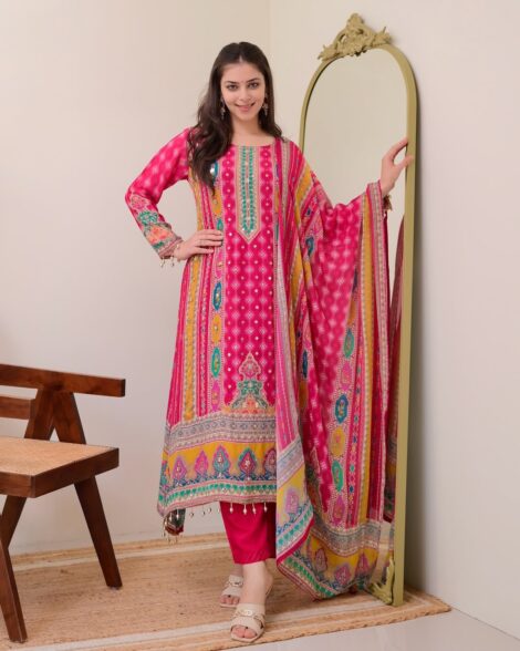 Pink Shanti Pure Chinon Anarkali Kurta Palazzo Set with Chiffon Dupatta for Women